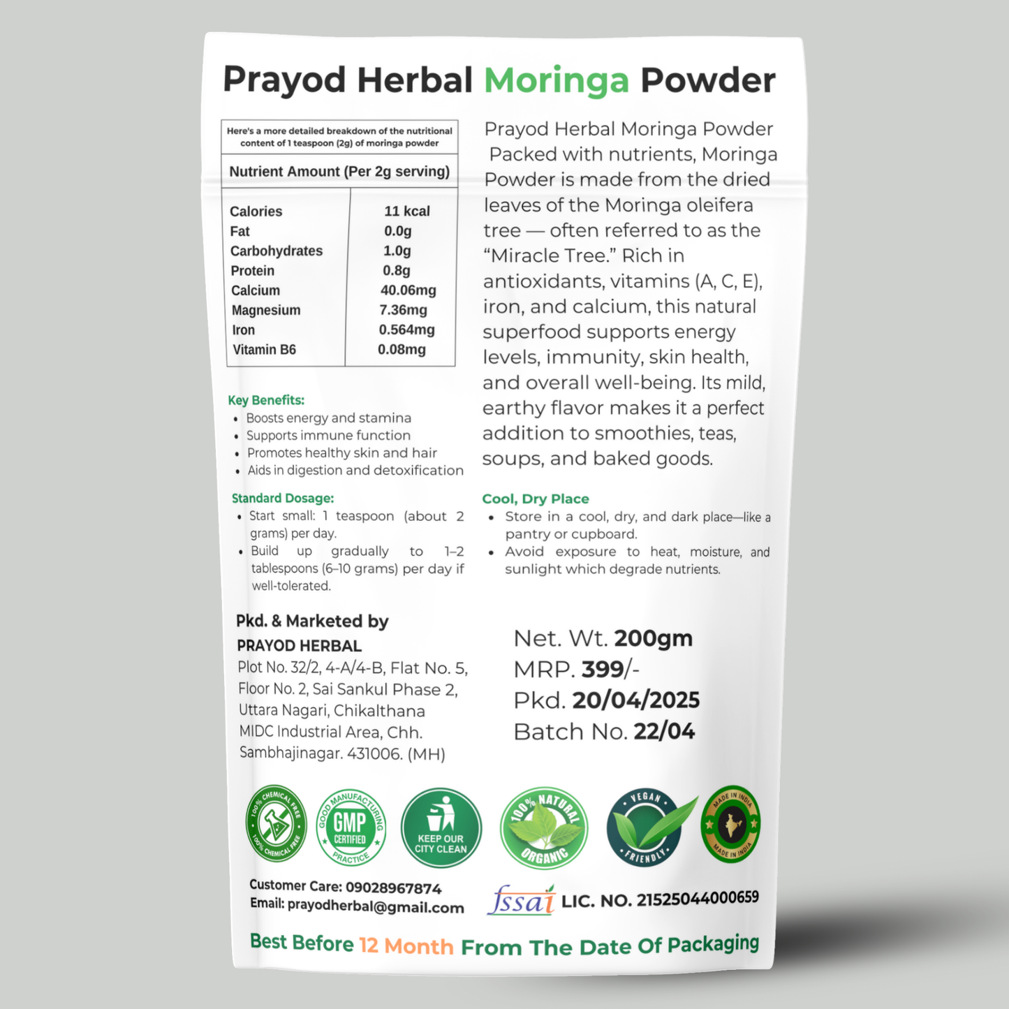 Prayod Herbal Organic Moringa Leaf Powder, 200g, Hand-Plucked and Sun-Dried, Rich in Vitamins and Minerals